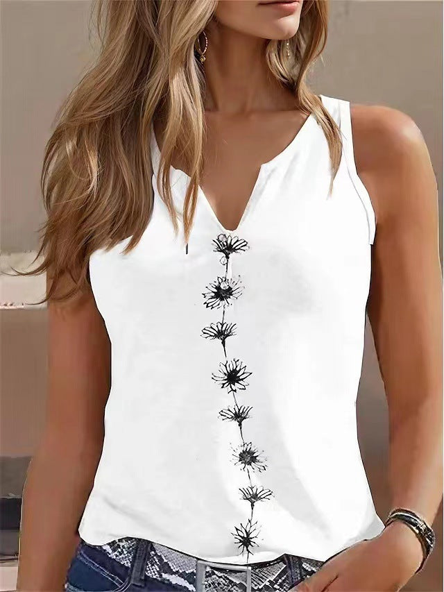 Casual Loose V-neck S Print Sleeveless Top