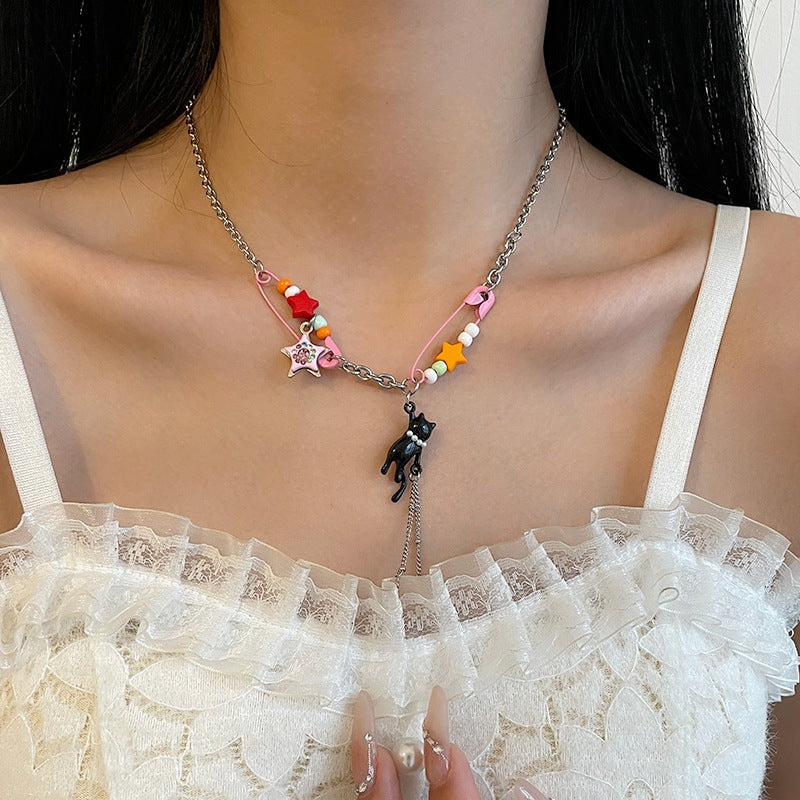 Color Pin Stitching Stars Kitten Necklace