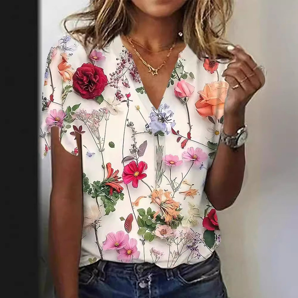 Cotton Short-sleeved T-shirt V-neck Floral Print