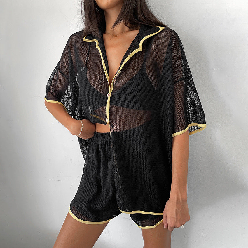 See-through Cardigan Pajamas Two-piece Set