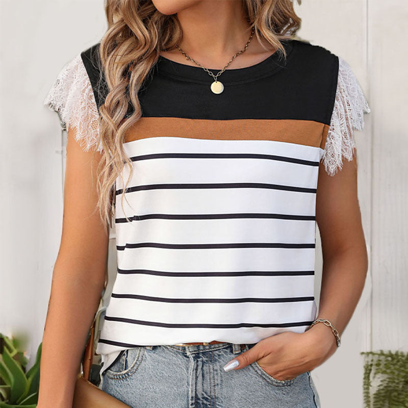 Striped Color Contrast Patchwork Lace Stitching Top