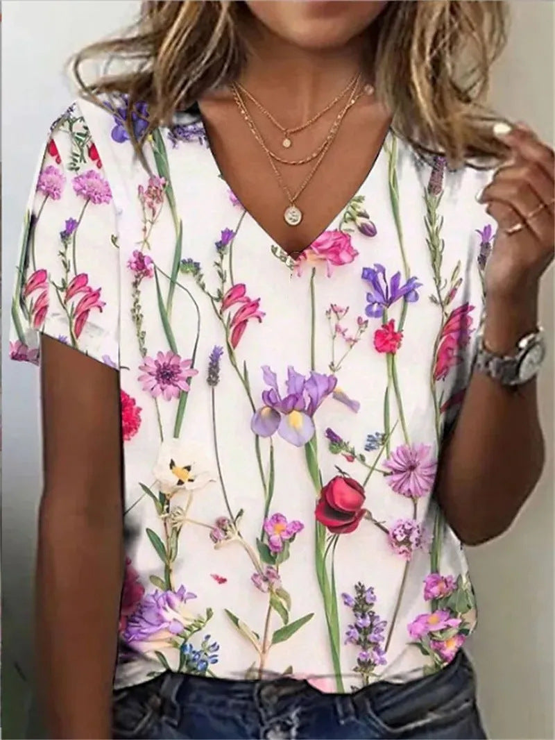 Cotton Short-sleeved T-shirt V-neck Floral Print