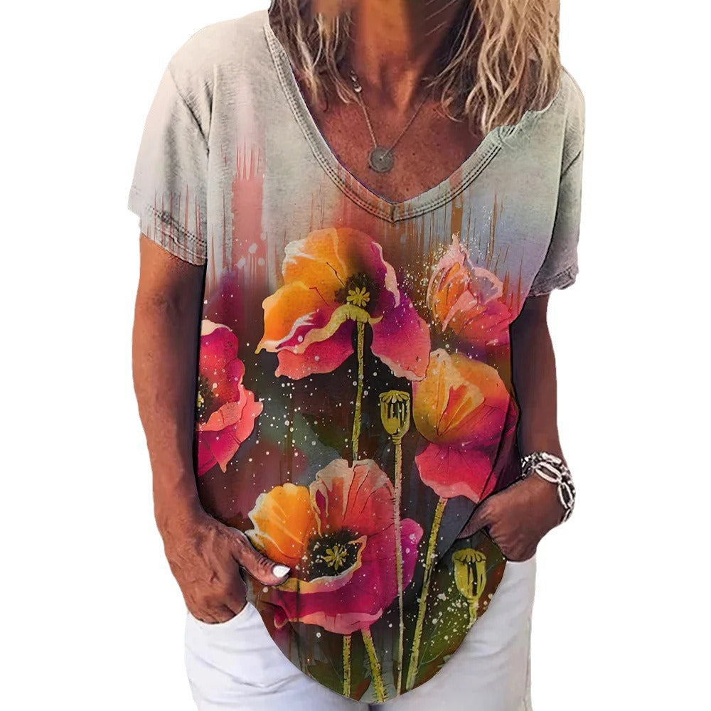 Cotton Short-sleeved T-shirt V-neck Floral Print