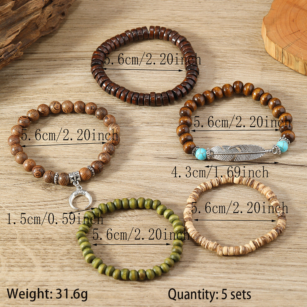 Bohemian Feather Crescent Wooden Bead Bracelet Set