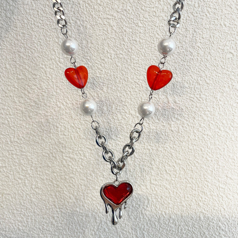 Red Heart Patchwork Pearl Necklace