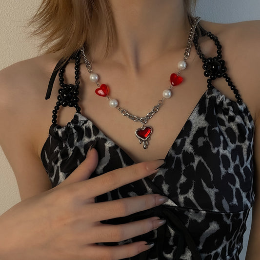 Red Heart Patchwork Pearl Necklace