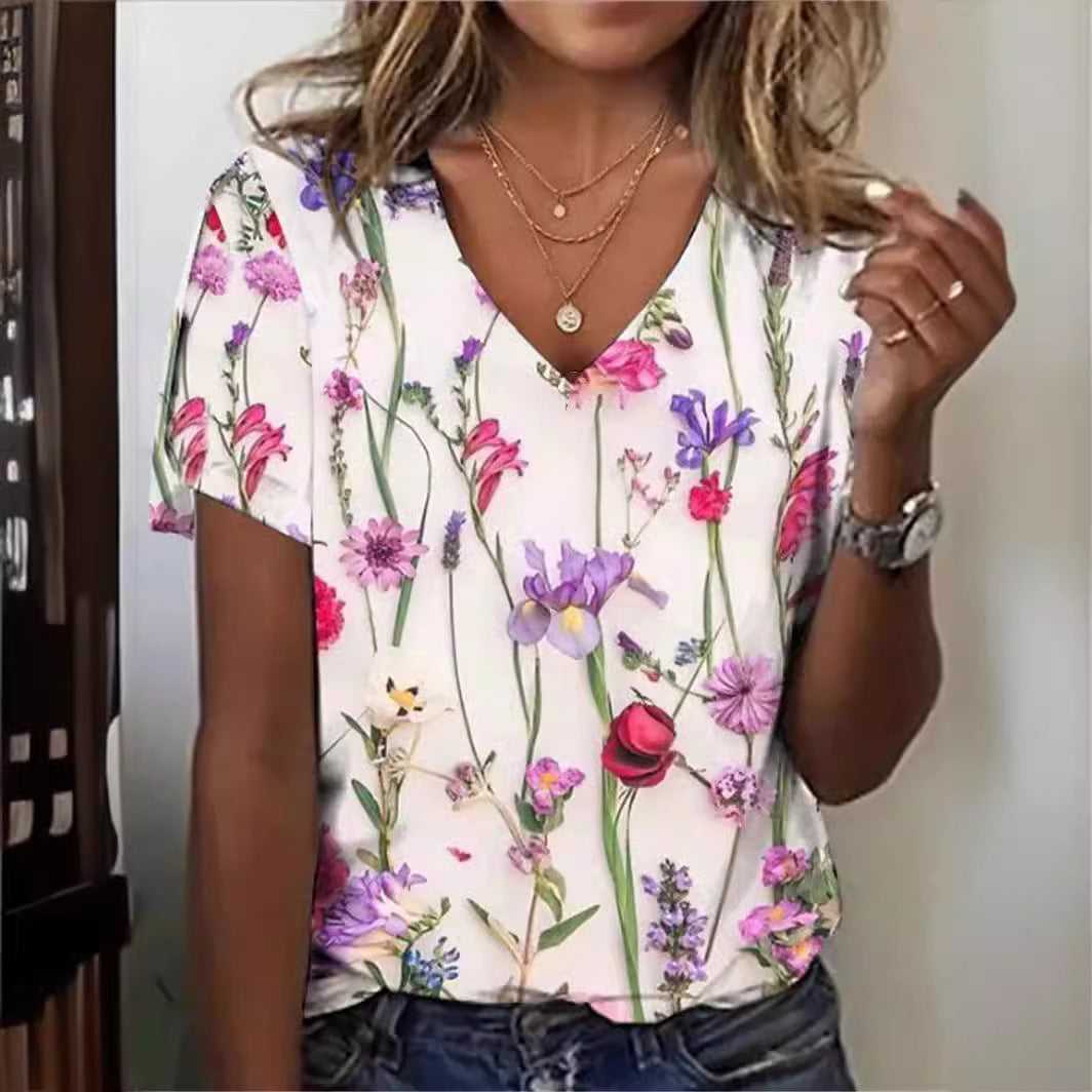 Cotton Short-sleeved T-shirt V-neck Floral Print