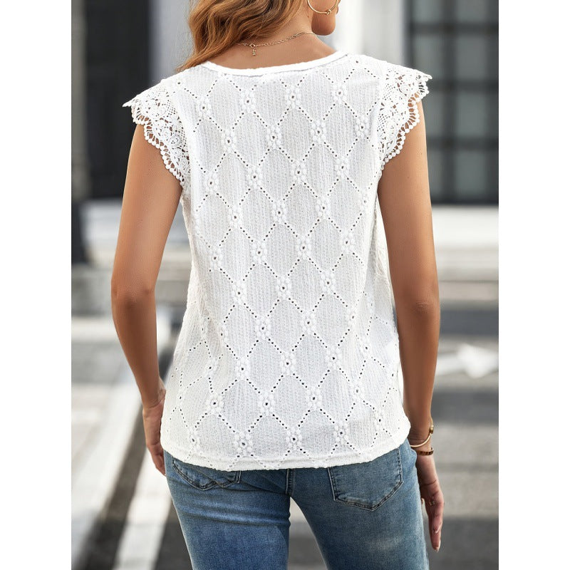 Sleeveless Lace Collar With Lace Short Sleeves Top