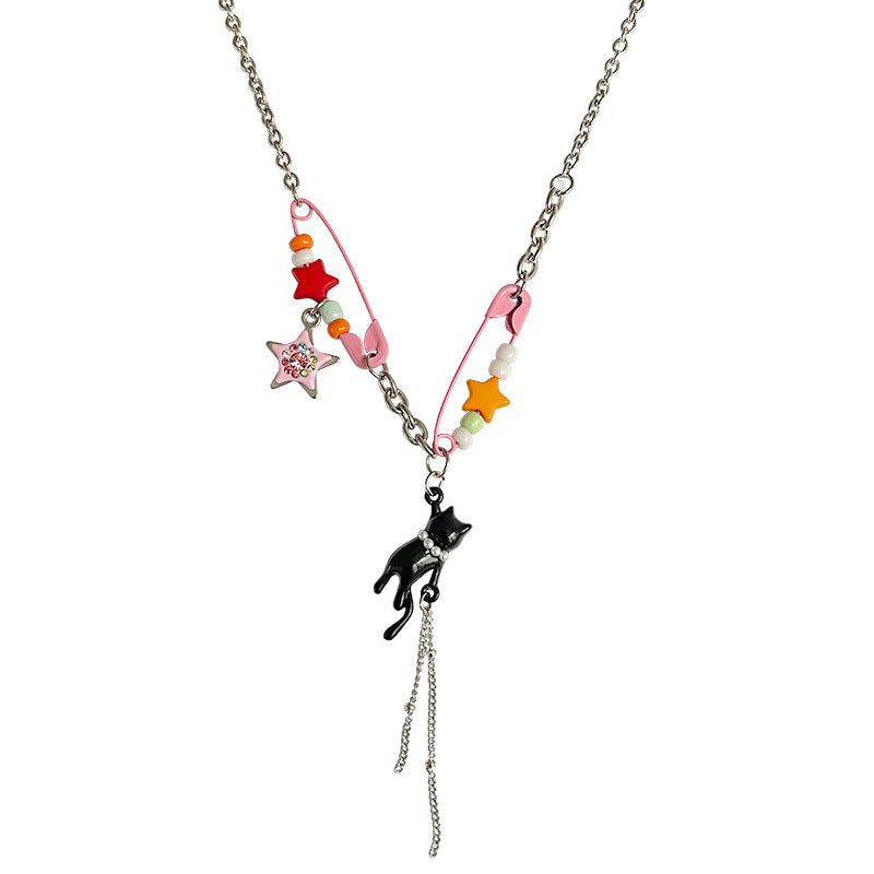 Color Pin Stitching Stars Kitten Necklace