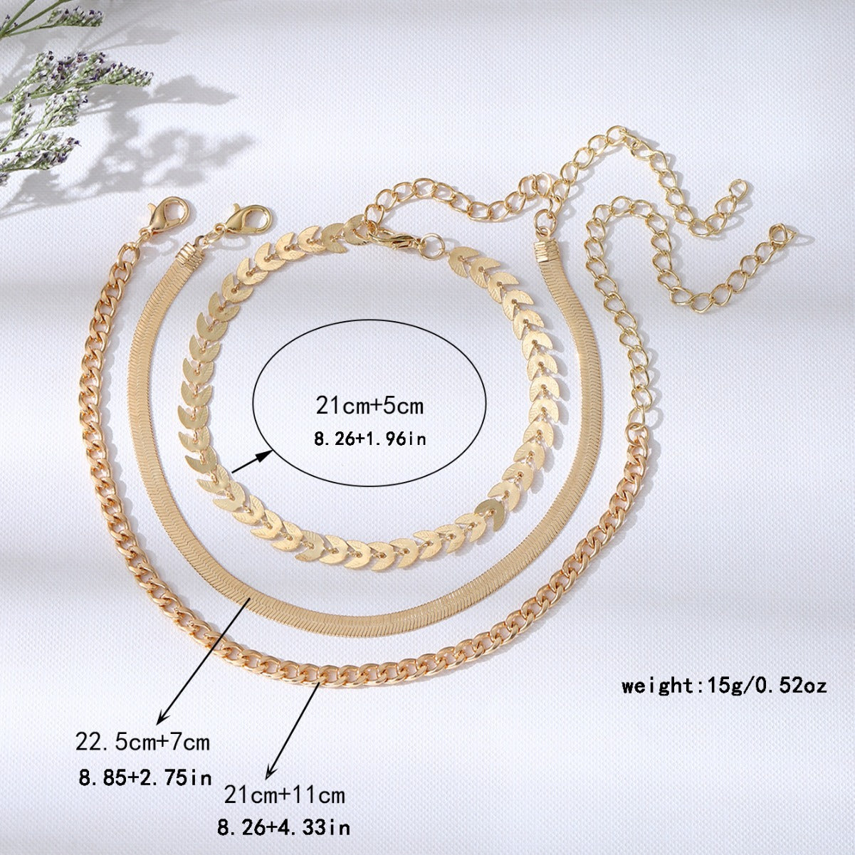 Three-piece Flat Snake Wheat Chain Anklets