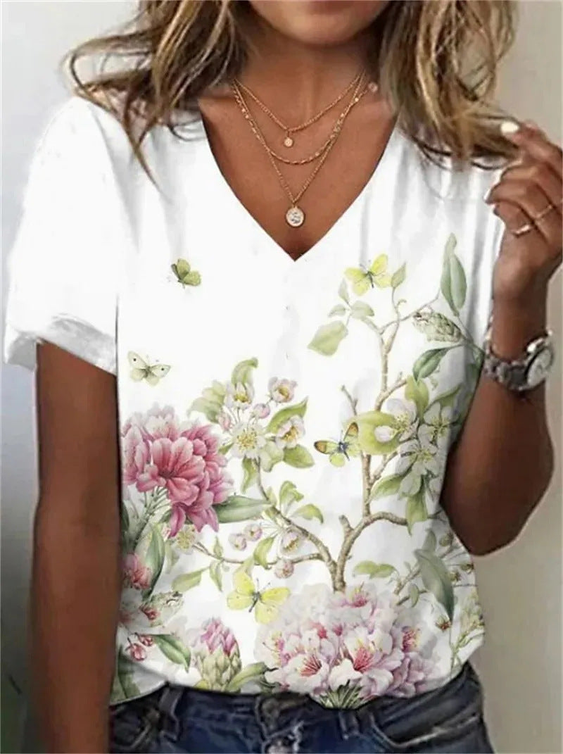 Cotton Short-sleeved T-shirt V-neck Floral Print