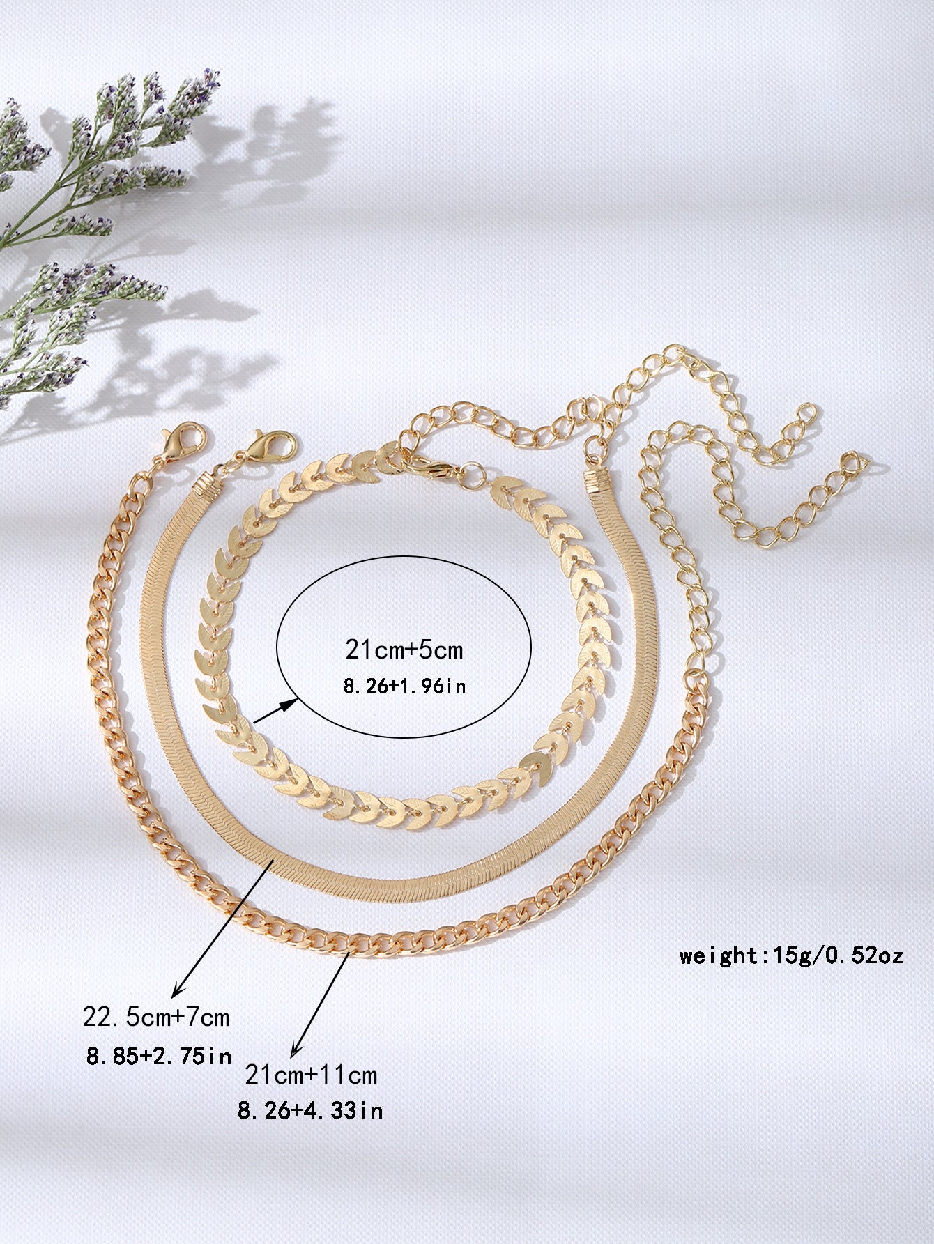 Three-piece Flat Snake Wheat Chain Anklets