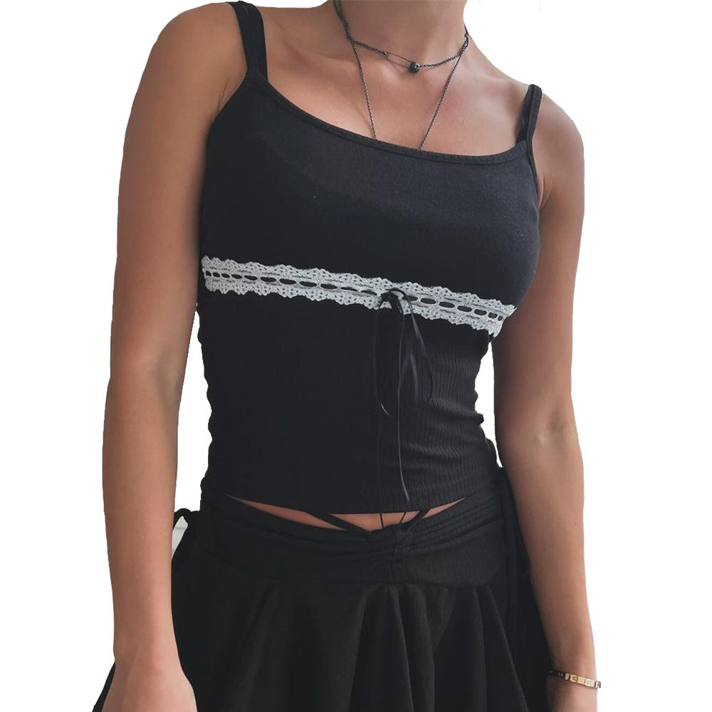 Patchwork Navel Lace-up Strap Top