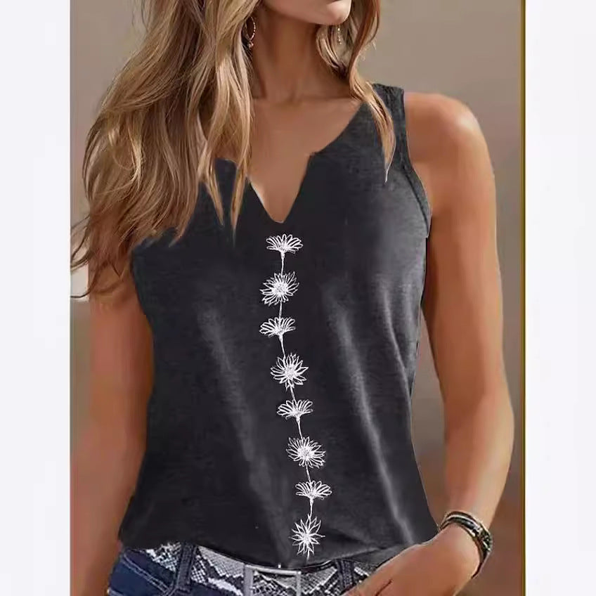 Casual Loose V-neck S Print Sleeveless Top