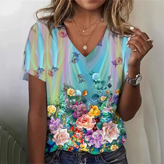 Cotton Short-sleeved T-shirt V-neck Floral Print