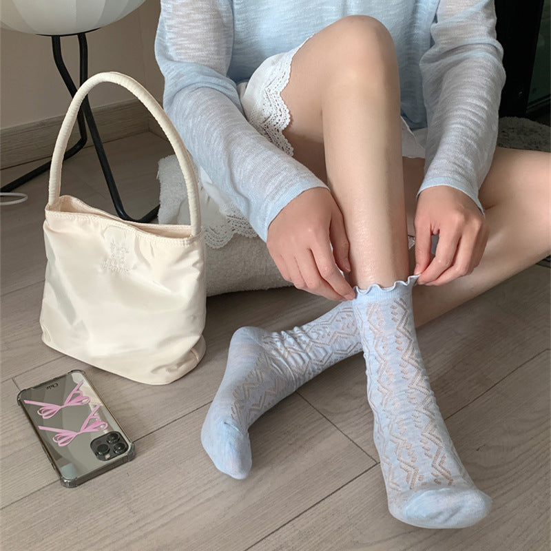 Thin Mesh Solid Color Mid-calf Length Loose Socks