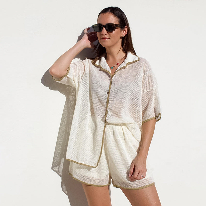 See-through Cardigan Pajamas Two-piece Set