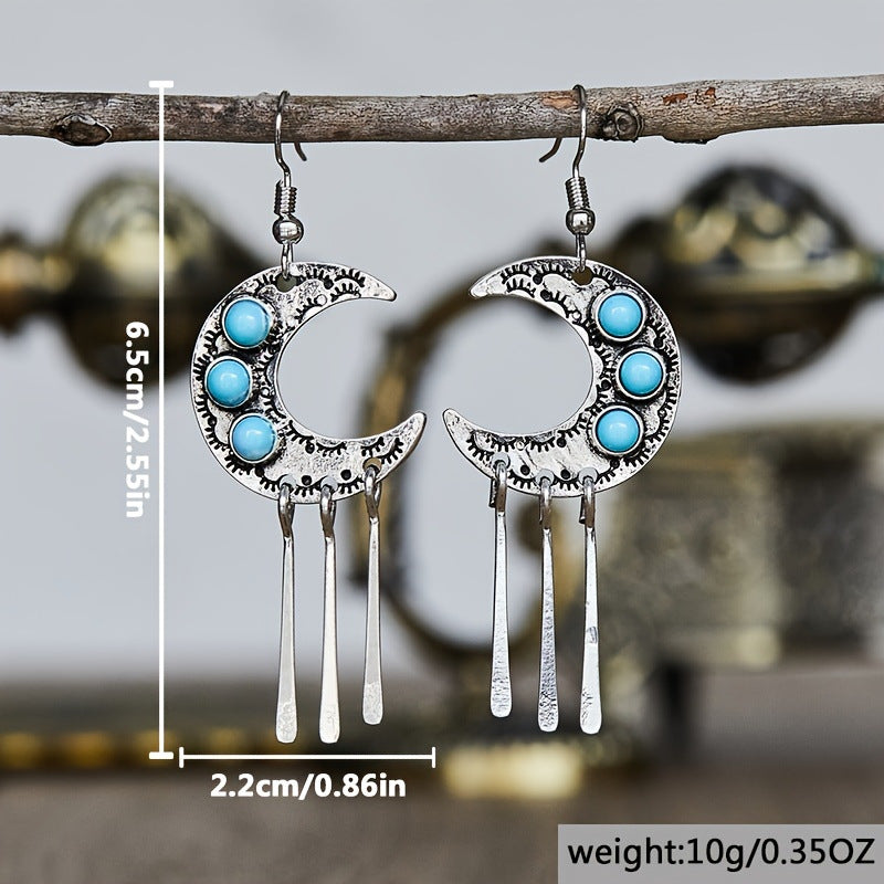 Vintage Moon Turquoise Tassel Pendant Earrings