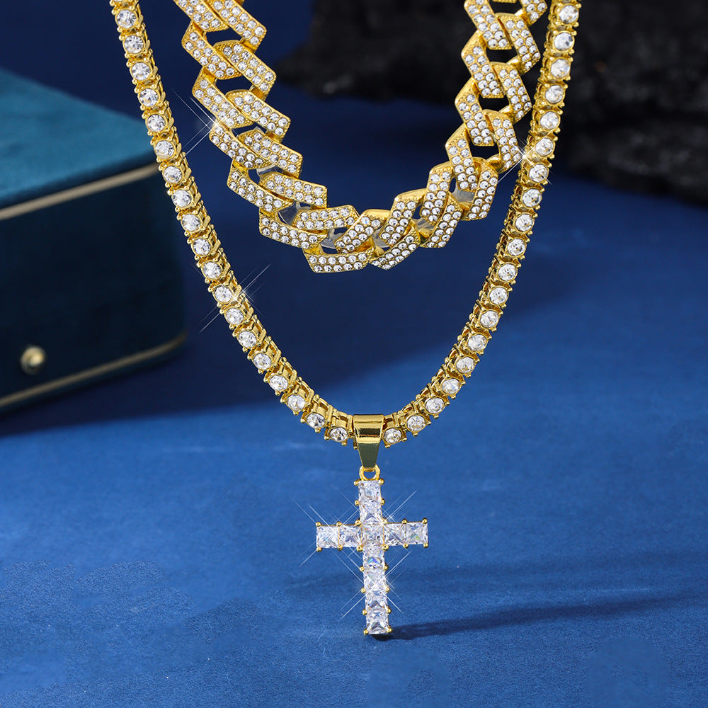 Zircon Cross Pendant, Hip Hop Full Miami Curb Cuban Chain Iced Out Paved Rhinestones Necklace