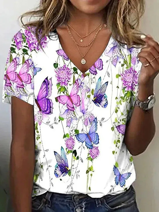 Cotton Short-sleeved T-shirt V-neck Floral Print