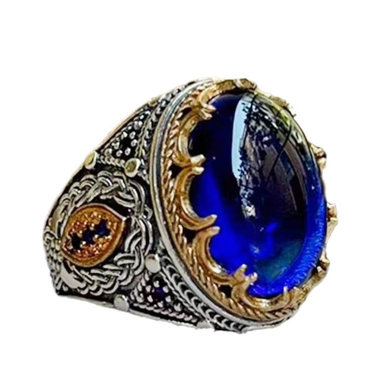 Artisan Diamond Blue Gem Carved Ring