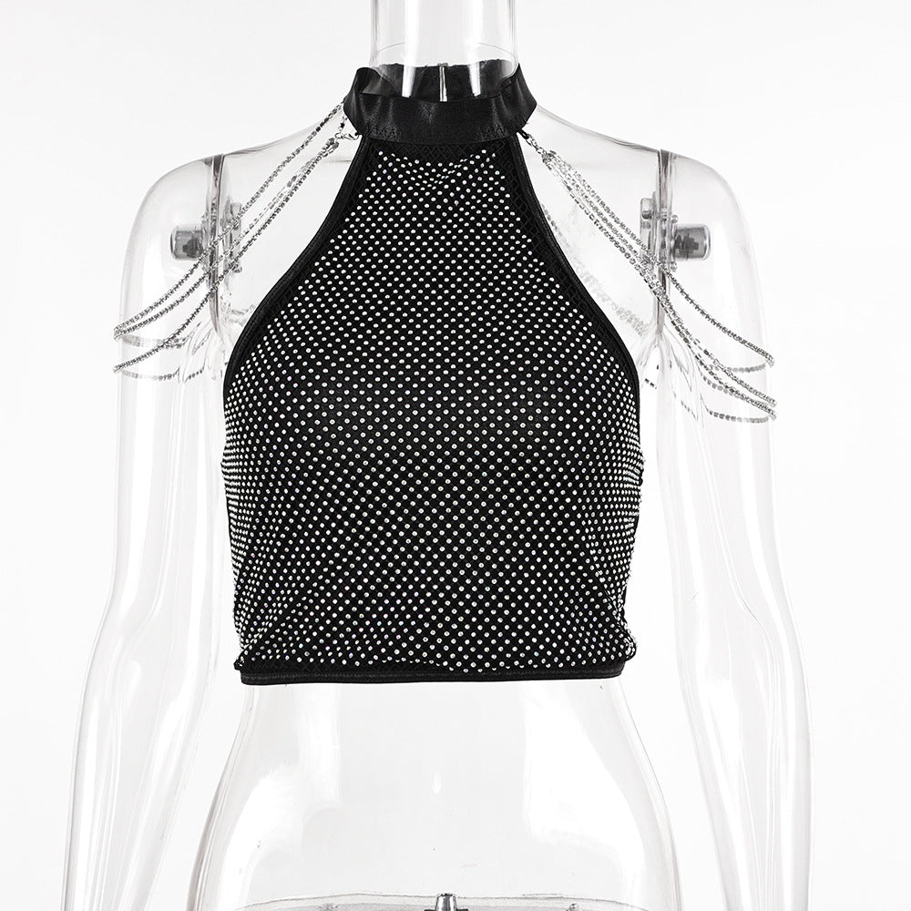 Halter Slim Fit Vest Metal Rhinestone Chain Top