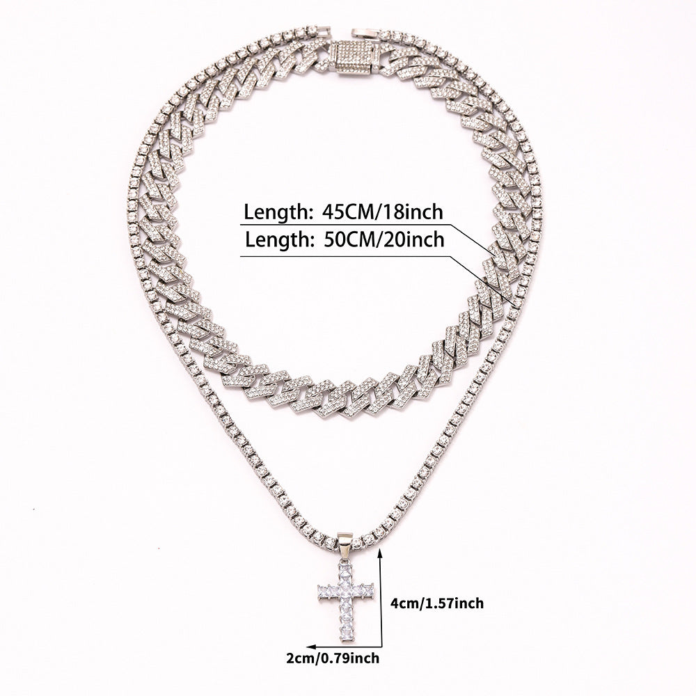 Zircon Cross Pendant, Hip Hop Full Miami Curb Cuban Chain Iced Out Paved Rhinestones Necklace