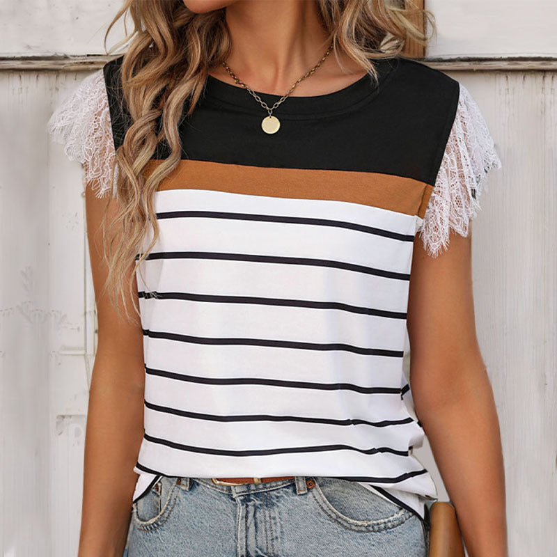 Striped Color Contrast Patchwork Lace Stitching Top