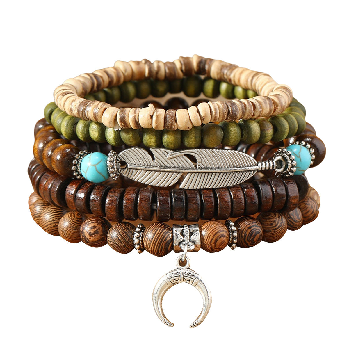 Bohemian Feather Crescent Wooden Bead Bracelet Set