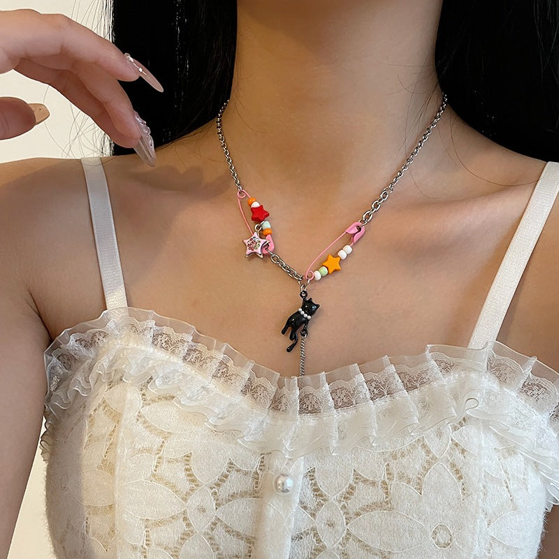 Color Pin Stitching Stars Kitten Necklace