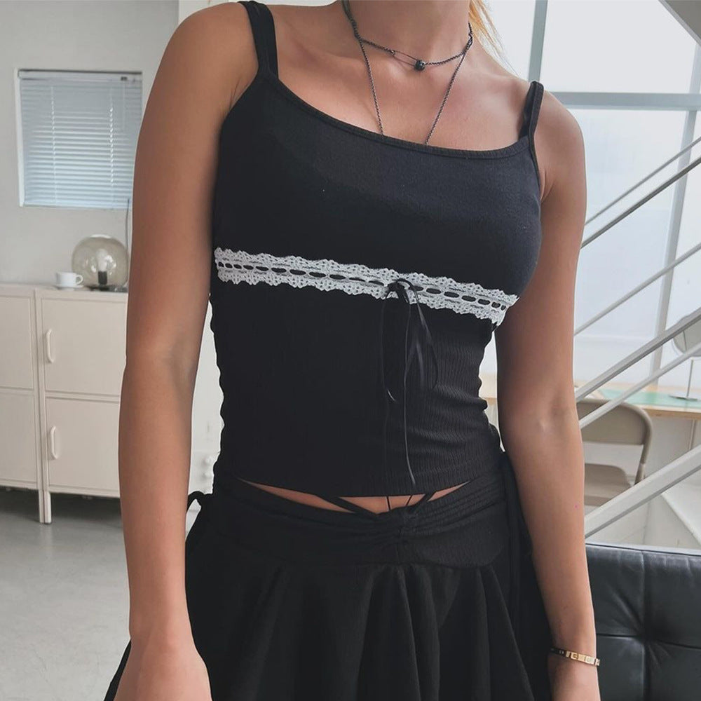 Patchwork Navel Lace-up Strap Top