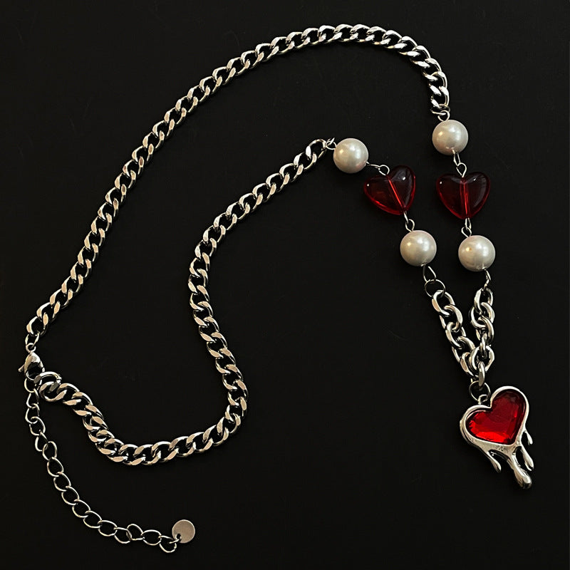 Red Heart Patchwork Pearl Necklace