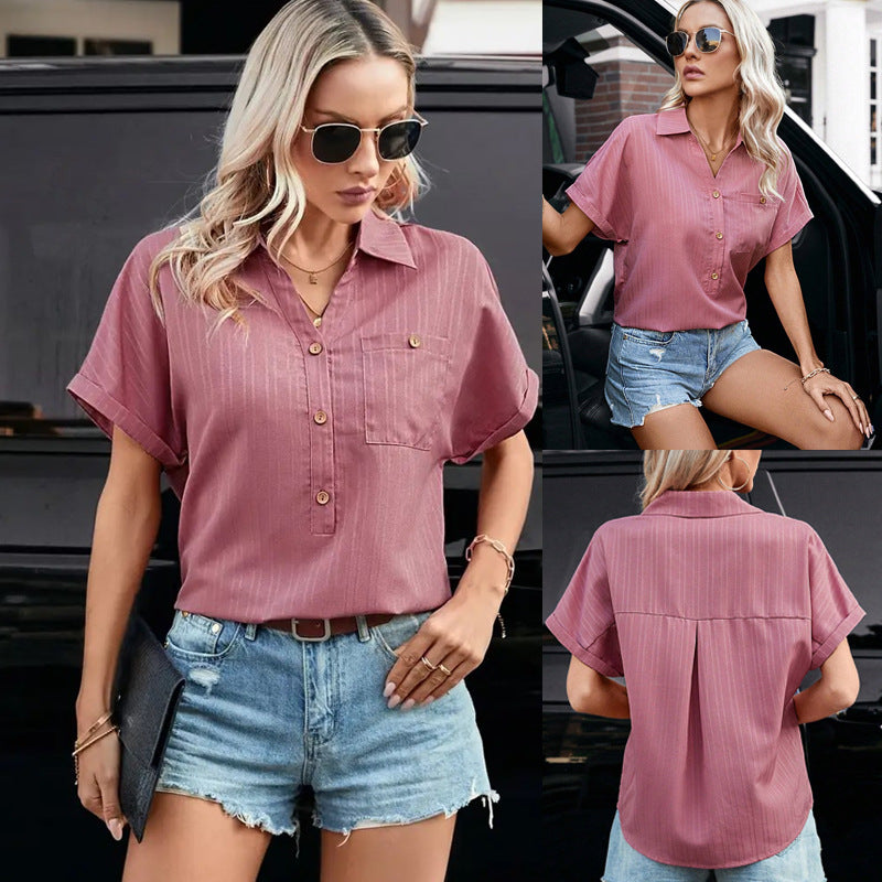 Lapel Button Casual Pocket Loose Top