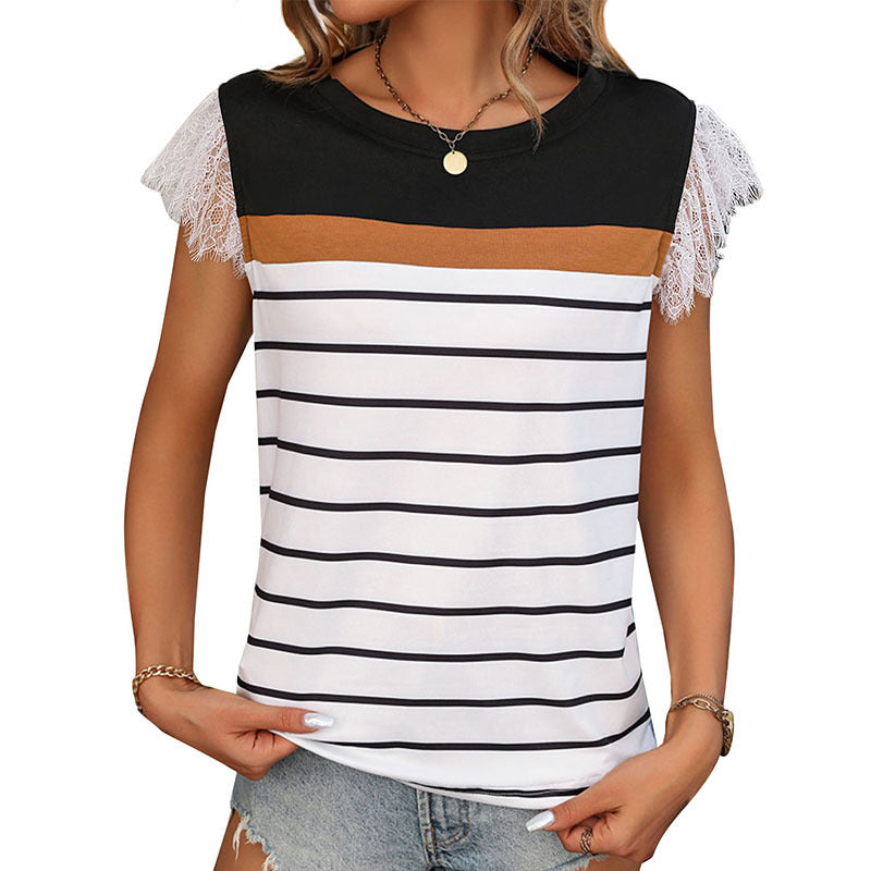 Striped Color Contrast Patchwork Lace Stitching Top