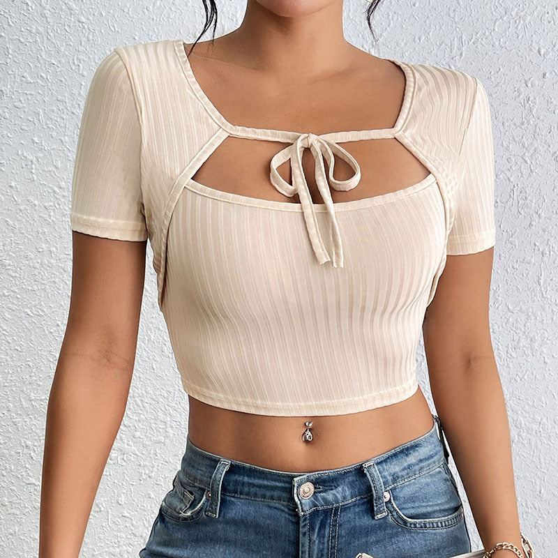 Sunken Stripe Rib Lace-up Square Collar Top