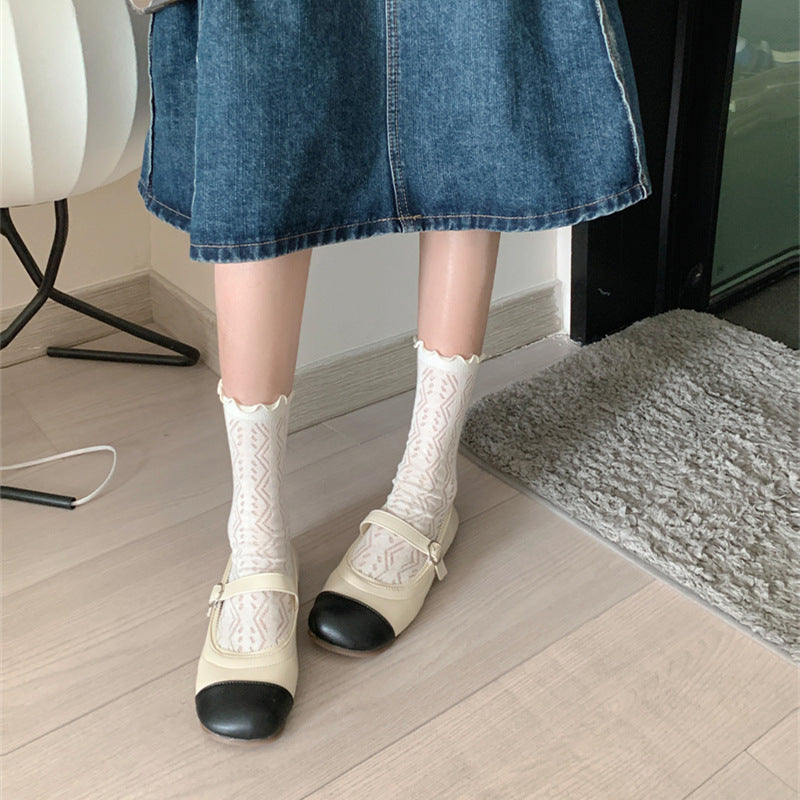 Thin Mesh Solid Color Mid-calf Length Loose Socks