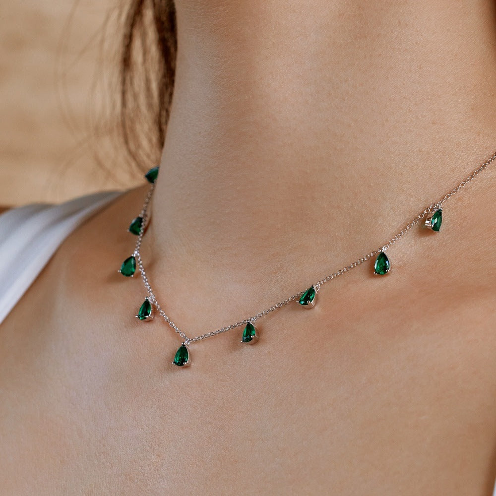 Silver S925 Pear-shaped Drop-shaped Inlaid Fringed Zircon  Necklace