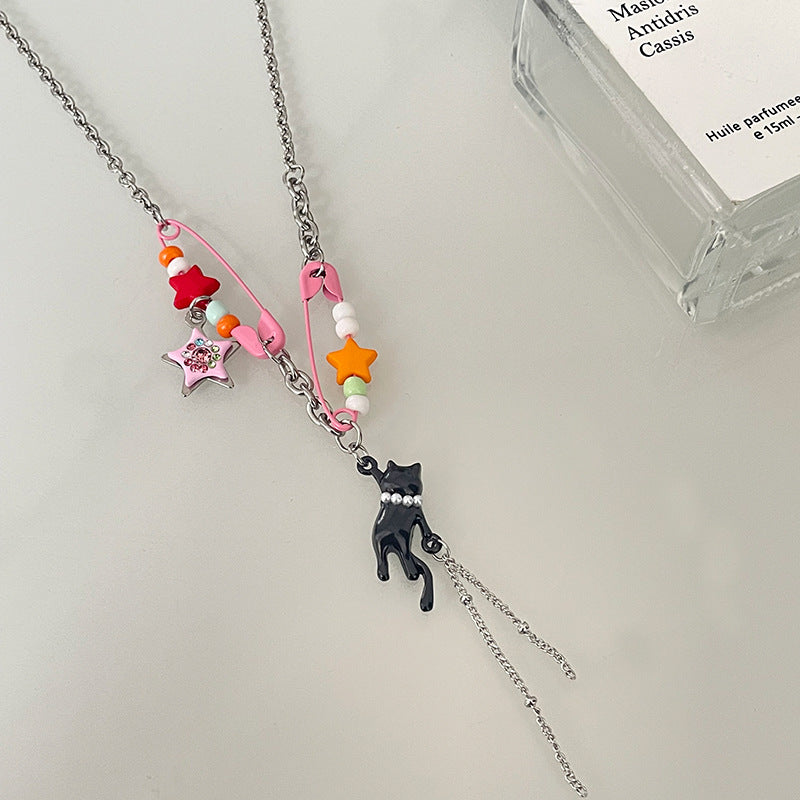 Color Pin Stitching Stars Kitten Necklace