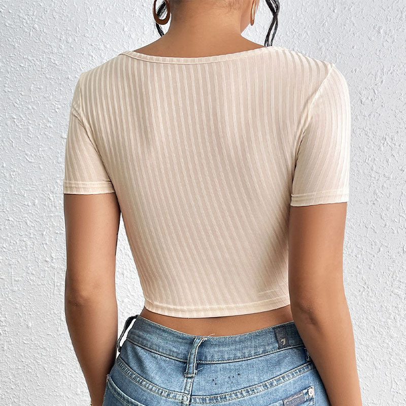 Sunken Stripe Rib Lace-up Square Collar Top