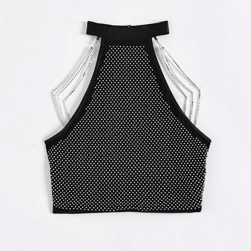 Halter Slim Fit Vest Metal Rhinestone Chain Top