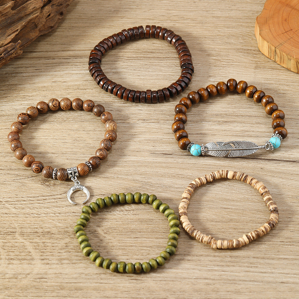 Bohemian Feather Crescent Wooden Bead Bracelet Set