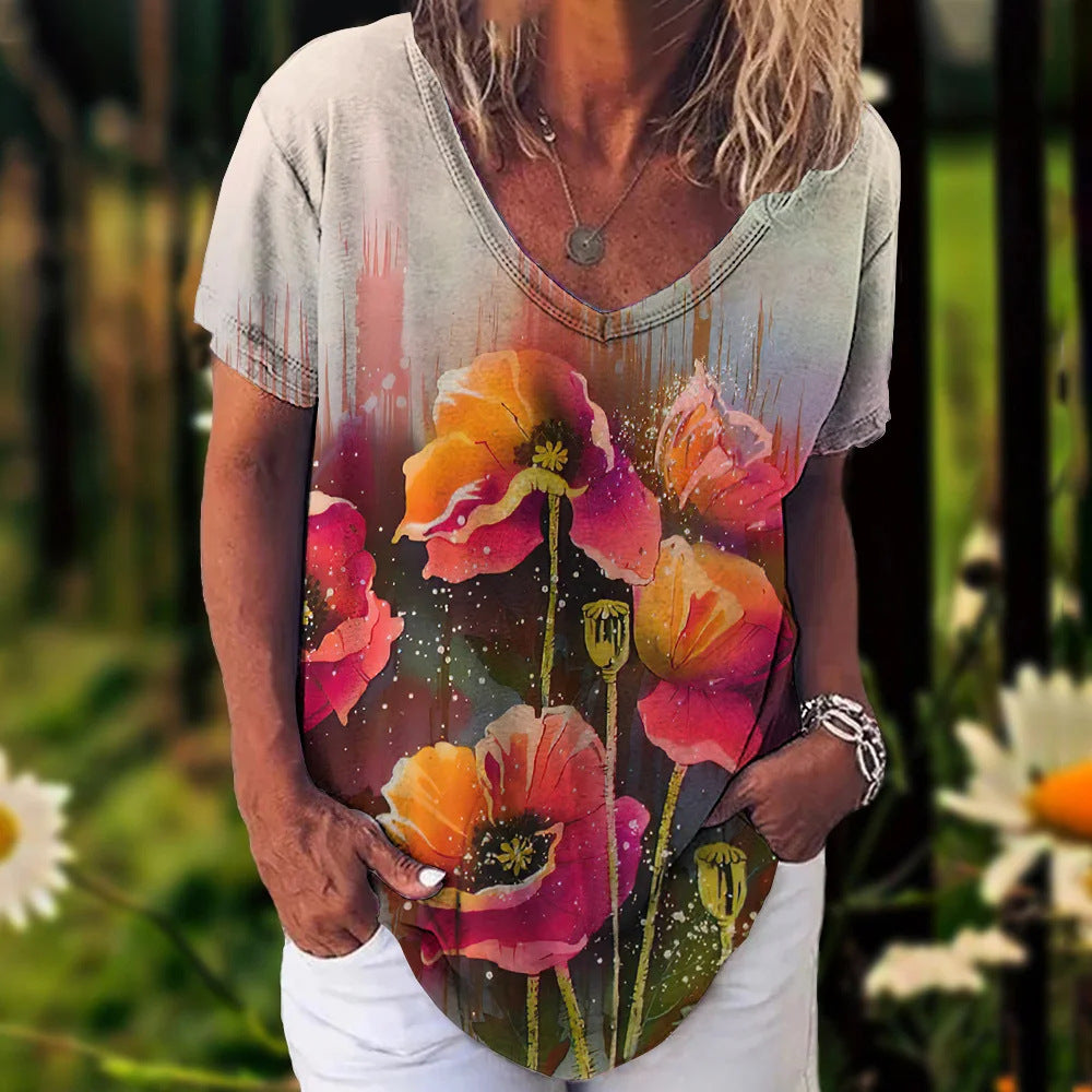 Cotton Short-sleeved T-shirt V-neck Floral Print