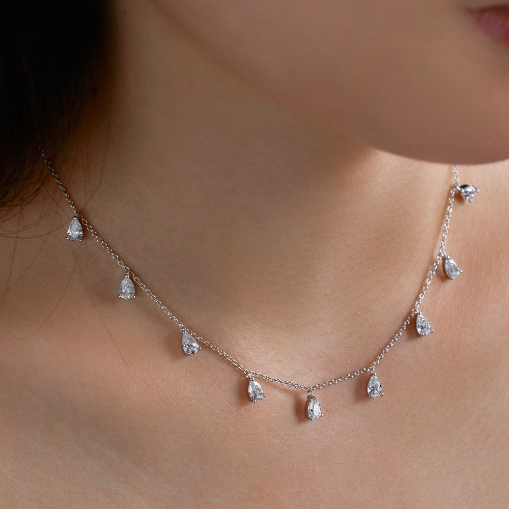 Silver S925 Pear-shaped Drop-shaped Inlaid Fringed Zircon  Necklace