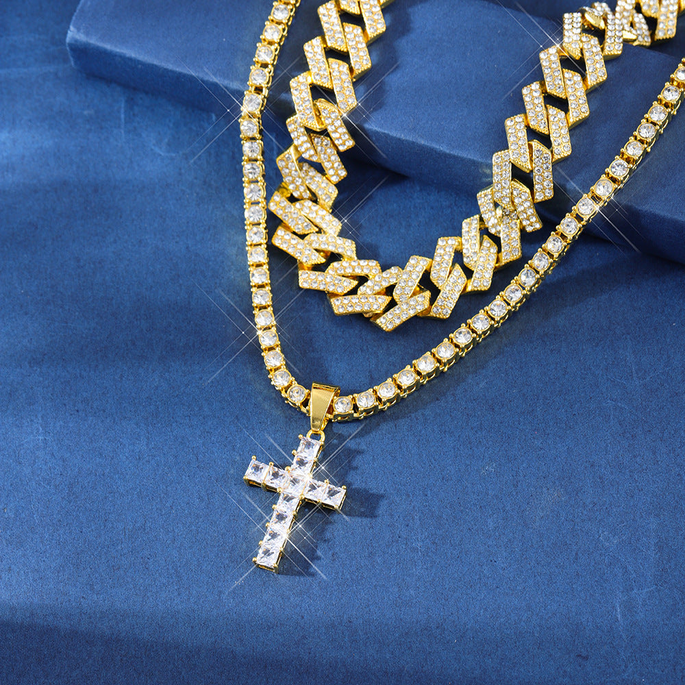 Zircon Cross Pendant, Hip Hop Full Miami Curb Cuban Chain Iced Out Paved Rhinestones Necklace