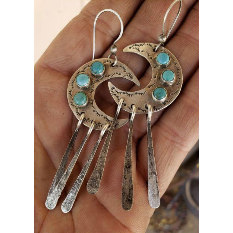 Vintage Moon Turquoise Tassel Pendant Earrings