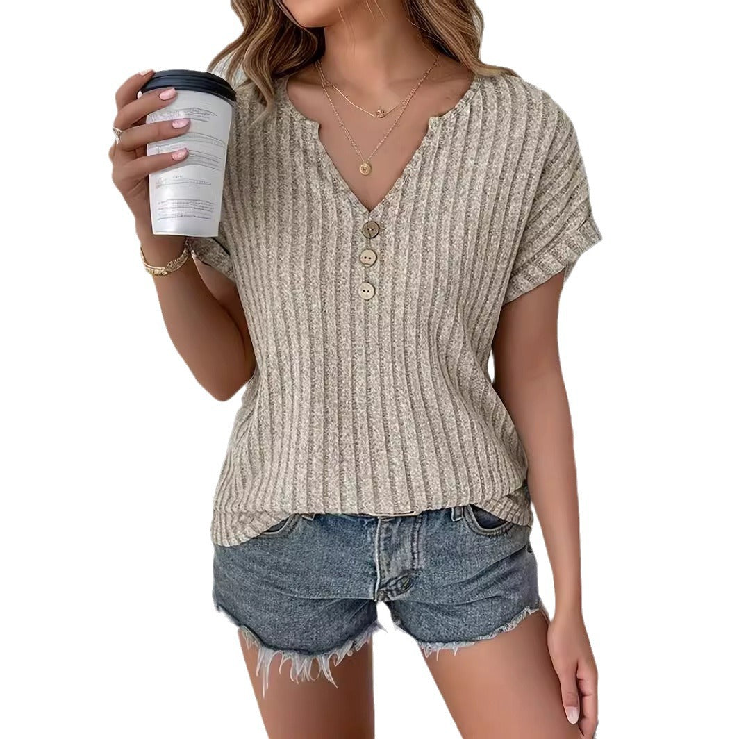 Elegant Cashmere Sunken Stripe Short Sleeve Top