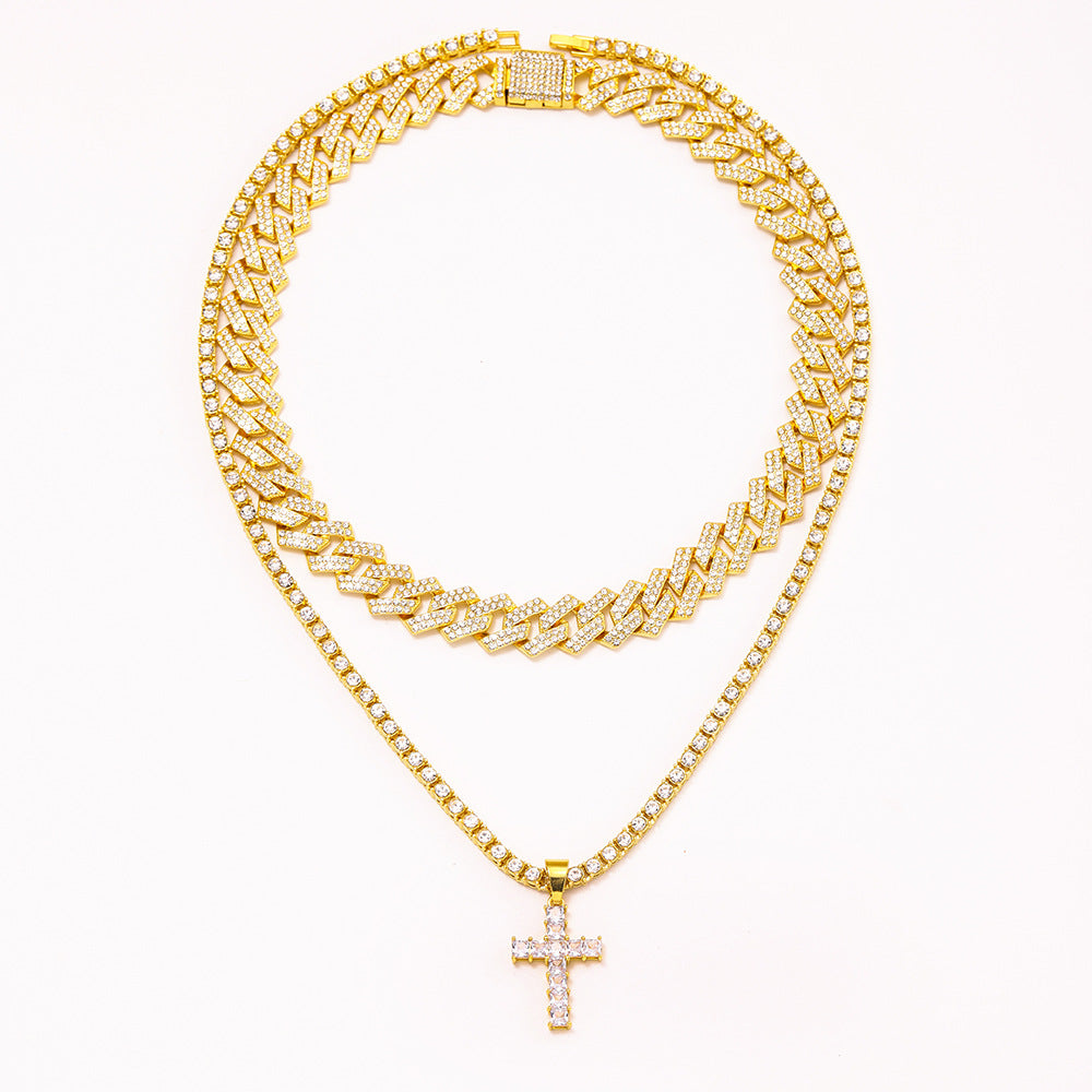 Zircon Cross Pendant, Hip Hop Full Miami Curb Cuban Chain Iced Out Paved Rhinestones Necklace