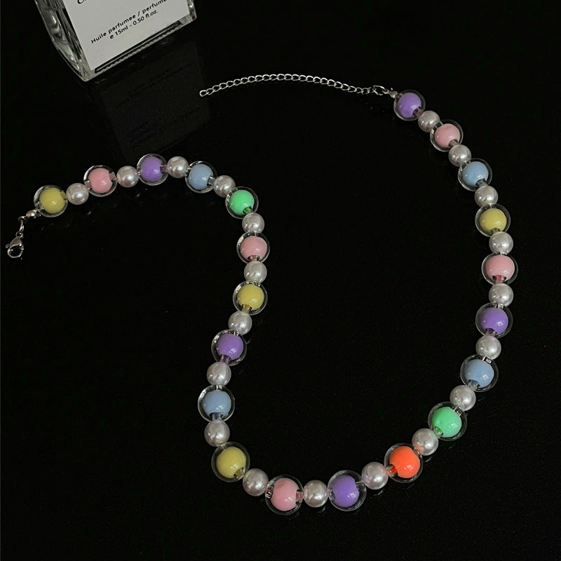 Sweet Cool Acrylic Color Beaded Stitching Pearl Necklace