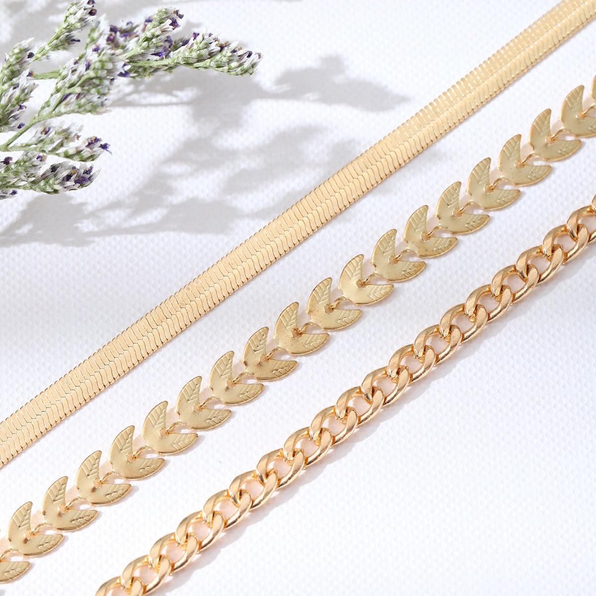 Three-piece Flat Snake Wheat Chain Anklets