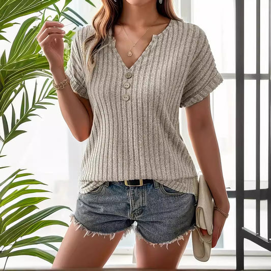 Elegant Cashmere Sunken Stripe Short Sleeve Top